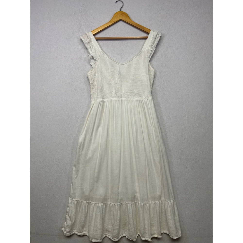 Cottagecore Boho Old Navy Womens Large White Smocked Eyelet Ruffle Midi Dress